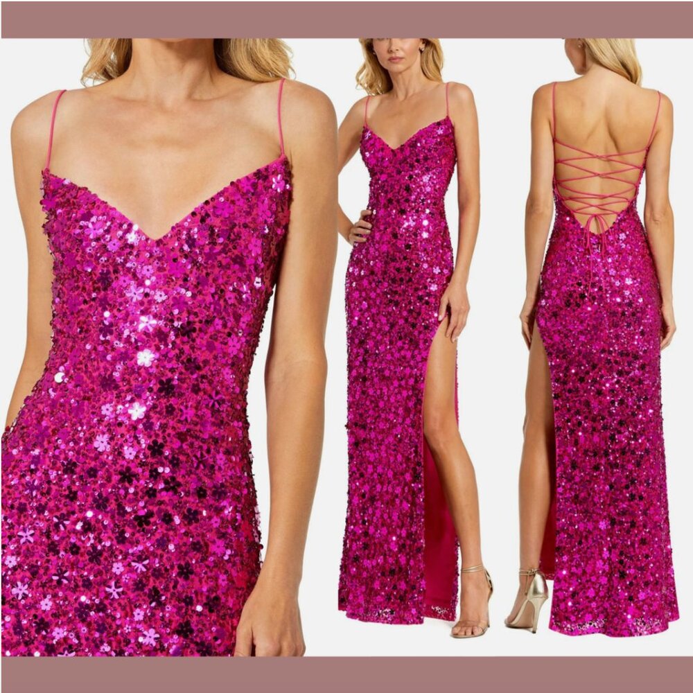 NWT Mac Duggal [ XS ] Embellished Spaghetti Strap Sweetheart Slit Gown Pink Q770